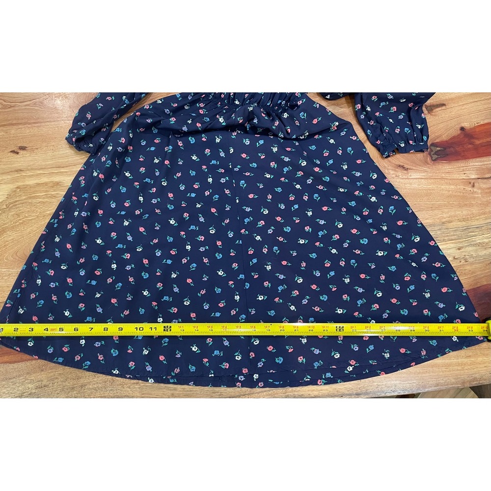Vintage Tiger Flower Navy Blue Floral Midi Dress Elastic Waist Long Sleeve 80s - Picture 7 of 14